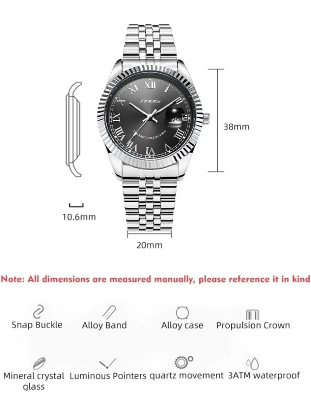 Men Silver-Grey Luminous Hand Calendar Date Quartz Stainless Steel Classic Watch